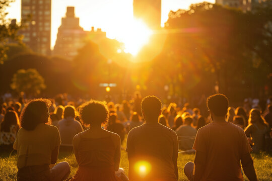 Audience members sitting on the grass enjoy a serene concert as the sun sets behind the stage, casting a warm glow over the scene