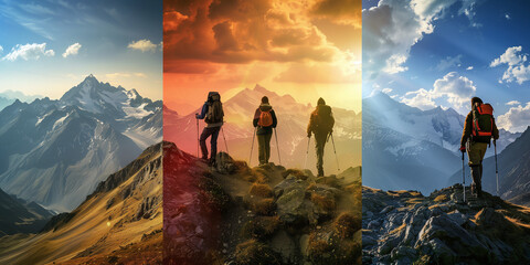 A composite image showing three hikers on various mountain trails during morning, sunset, and daytime