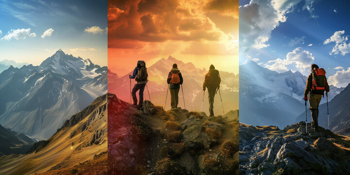 A composite image showing three hikers on various mountain trails during morning, sunset, and daytime