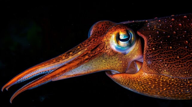 In the grip of darkness a massive squid lurks its tentacles spread wide in anticipation of a meal its glowing eyes scanning the depths for any sign of movement. - Powered by Adobe