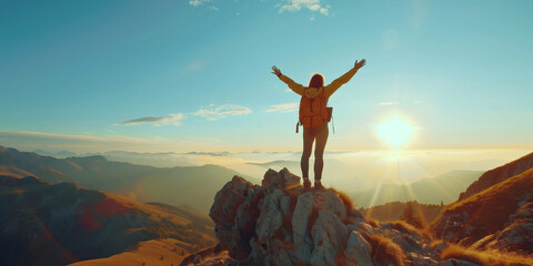 A hiker stands with arms raised on a mountain summit, greeting the sunrise with a sense of accomplishment