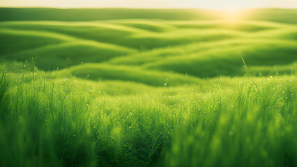 Fototapeta na wymiar grass-carpet-extends-into-the-horizon-varying-shades-of-green-dew-drops-reflecting-morning-sunligh