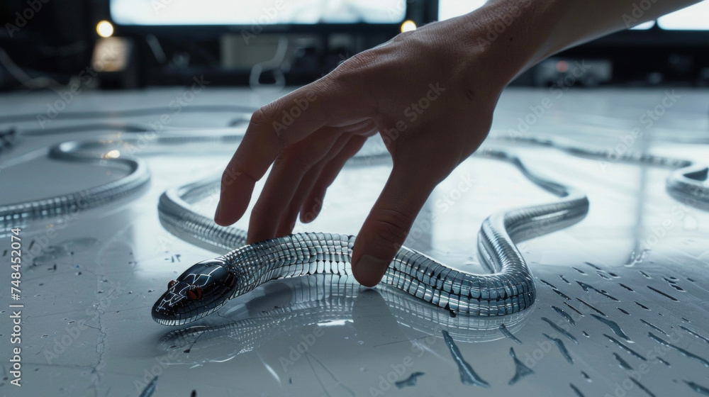 Poster a closeup of a virtual s slithering across the floor as the users hand reaches out to touch it in a 