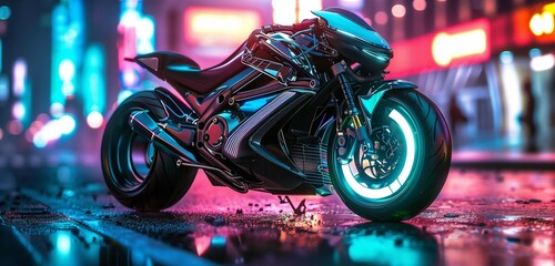 An HD depiction of a formidable cyberpunk motorbike, bathed in the ambient glow of neon lights against a dark backdrop.