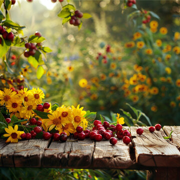 spring background Yellow flowers, red fruits on a wooden table, blurred yellow flowers in the background. ai generated.