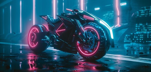 A striking AI-crafted image capturing the essence of a realistic cyberpunk motorbike, its sleek and...