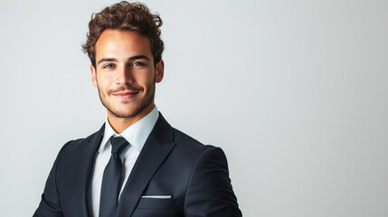 A charismatic businessman in a well-tailored suit, his composed expression and captivating smile drawing viewers in against the simplicity of a white background - obrazy, fototapety, plakaty