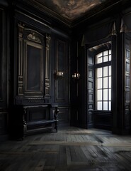 Fototapeta na wymiar Haunted room wallpaper classical architecture, rustic texture, black background, grandiose composition. Generative AI