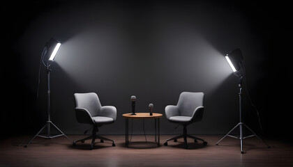  podcast interview room  background social media streamers concepts chairs microphones 2