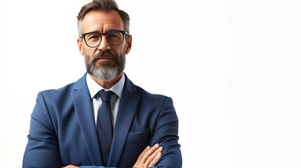 A confident businessman with a polished appearance, his approachable demeanor and magnetic gaze capturing attention against a clean white background - obrazy, fototapety, plakaty