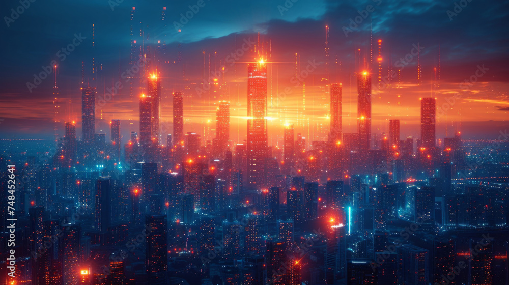 Poster a futuristic cityscape with skyscrapers made of floating holographic screens depicting graphs and ch