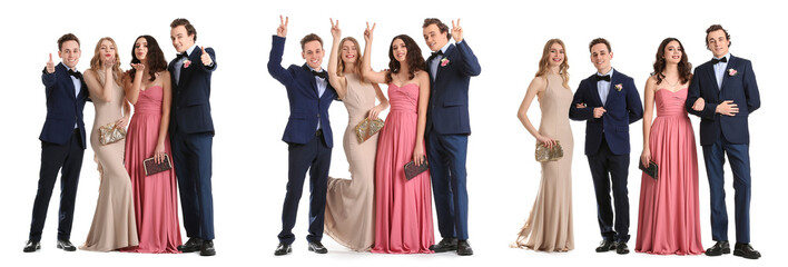 Set of happy young couples dressed for prom on white background