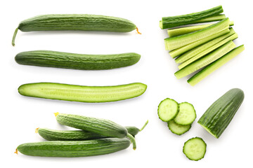 Set of ripe cucumbers on white background