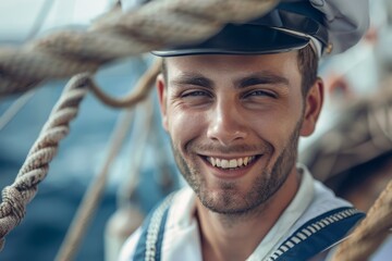 a seaman sailor man, his captivating smile complemented by the crisp elegance of his white uniform, evoking a sense of maritime grace.