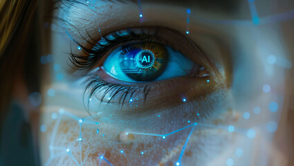 Close-up of a Woman's eye with Artificial Intelligence technology, innovation and technology concept