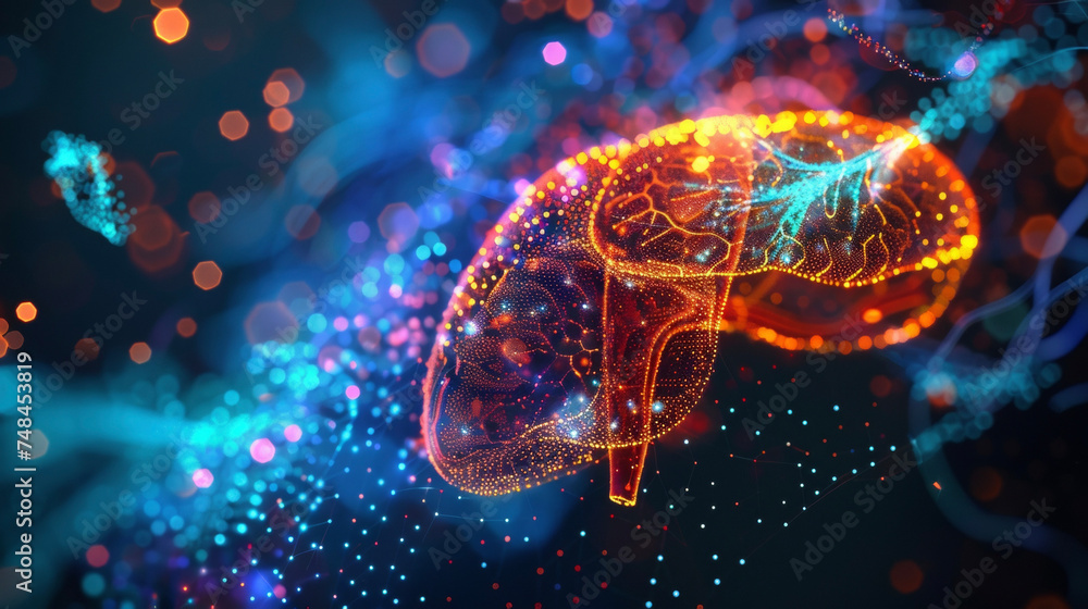 Poster a closeup of a holographic liver highlighting its lobes and functions and showing how it works to fi