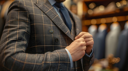 men's suit tailor, making adjustments to a suit or men's coat. Well dressed gentleman, of a custom tailored suit shop. bespoke formal clothing