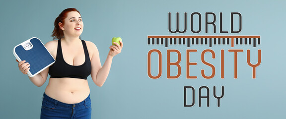 Fototapeta na wymiar Overweight woman with scales and apple on color background. Weight loss concept