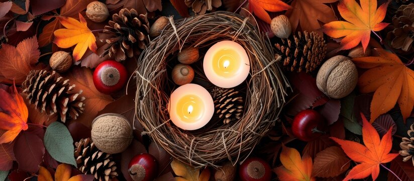 Cozy bird nest with two glowing candles surrounded by colorful autumn leaves