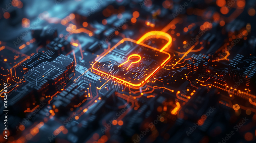 Poster a conceptual cyber security image with a glowing digital padlock, representing data protection in th