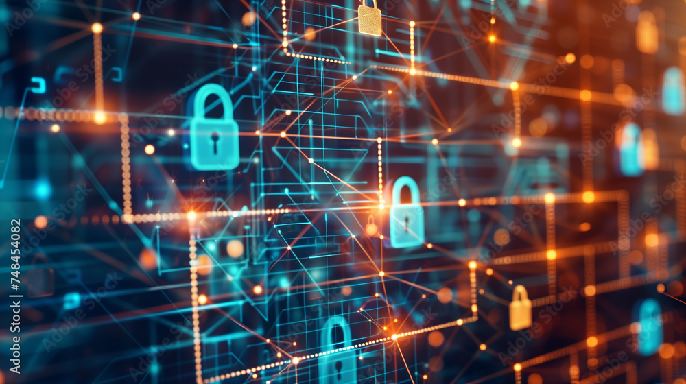 Poster a conceptual cyber security image with a glowing digital padlock, representing data protection in th