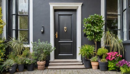 Fototapeta na wymiar Black front door, front door of a house adorned potted plants. Front door, black front door
