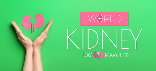 Woman with paper kidneys on green background