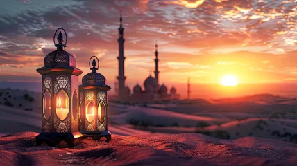 Foto op Canvas Arabic lanterns with burning candles in the desert with a mosque and sunset in the background, copy space - generative ai © Nia™