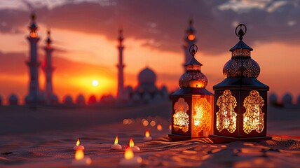 Arabic lanterns with burning candles in the desert with a mosque and sunset in the background, copy space - generative ai - obrazy, fototapety, plakaty
