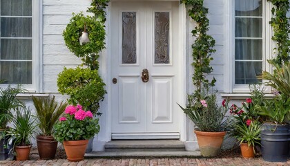 white front door, front door of a house adorned potted.