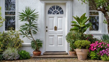 white front door, front door of a house adorned potted plants.