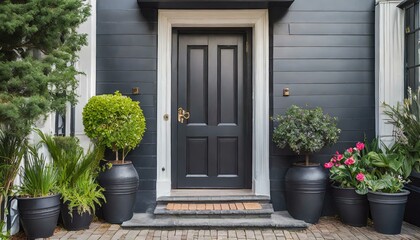 Fototapeta na wymiar Black front door, front door of a house adorned potted plants. Front door, black front door.