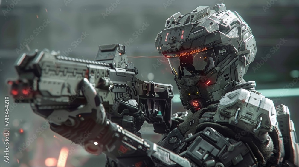 Poster a shot of a players character in the virtual world decked out in futuristic gear and armed to the te