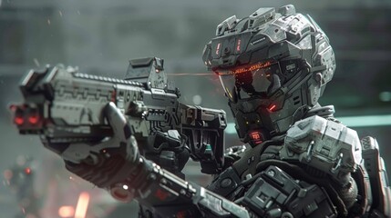 A shot of a players character in the virtual world decked out in futuristic gear and armed to the teeth with advanced weapons. The level of detail and realism in the graphics