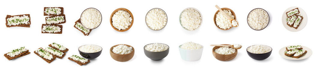 Collage of bowls with tasty cottage cheese and rye crispbreads on white background