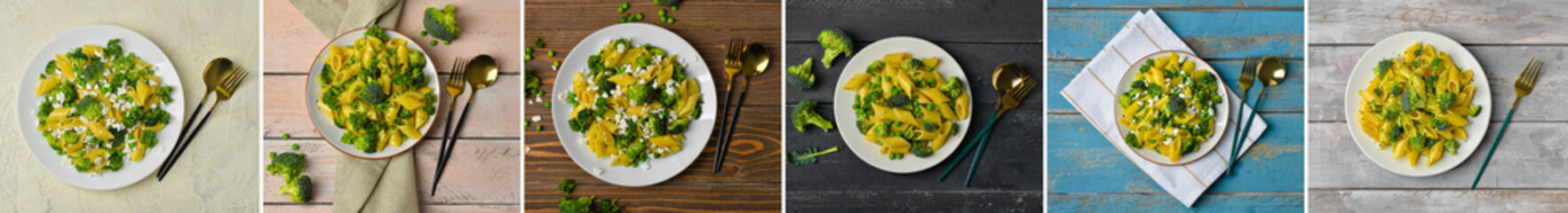 Plate with tasty penne pasta and broccoli on table, top view