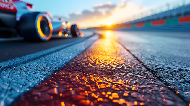 Asphalt of the international race track with a race car at the start. Racer on a racing car passes the track