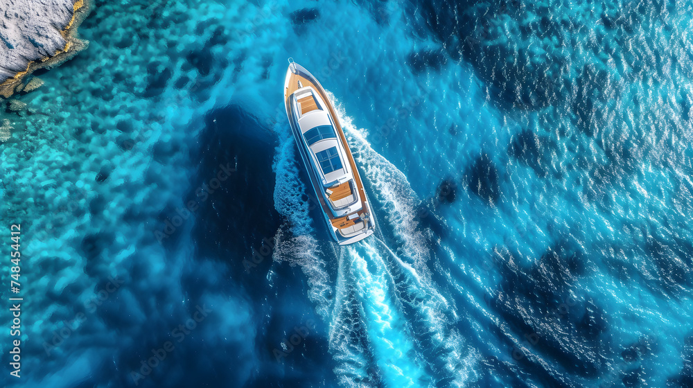 Wall mural Aerial view of luxury motor boat. Speed boat on the azure sea in turquoise blue water - birdseye aerial view of boat. aerial view - Wall murals