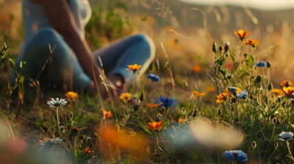 A person sits crosslegged on a soft patch of grass eyes closed in deep meditation. Around colorful wildflowers sway in the gentle breeze creating a serene and peaceful