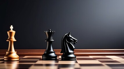 Black queen and gold king chess stands near chess knight on board, game for ideas and competition and strategy, business success concept. Black background.