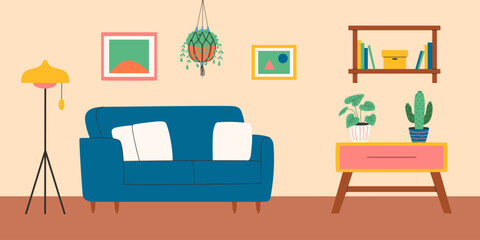 Living room interior with plants. Vector illustration.