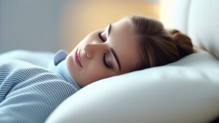 Beautiful girl sleeps in the bedroom. Young woman sleeping well in bed on soft white pillow. Teenage girl resting, good night sleep concept. Lady enjoys fresh soft bedding linen and mattress.