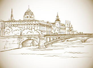 Nice view of ancient bridge in Paris. France. Hand drawn urban sketch. Sepia urban illustration. Vintage postcard style.