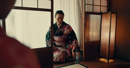 Traditional, bow and japanese woman in Japan with respect open a door for tea and service in morning. Culture, calm OR master in kimono for hospitality, welcome and greeting person with care or peace