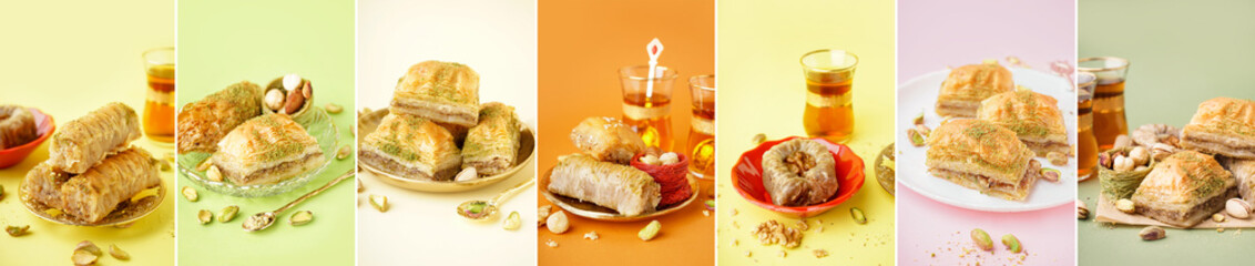 Collage of tasty baklava on color background