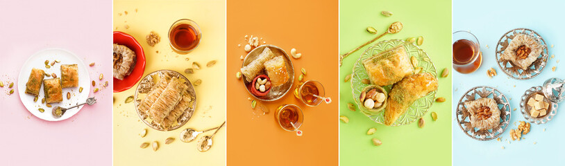 Collage of tasty baklava on color background, top view