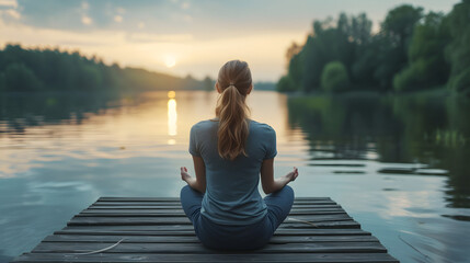 Fototapeta premium Calm morning meditation by the lake. Young woman outdoors on the pier. Wellbeing and wellness soul concept. Summer nature. Woman feeling freedom, enjoying vacation. No stress, calm mind, rel
