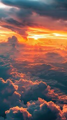 Fototapeta na wymiar Sky Full of Clouds and Sunset from Plane Window. Cloud, Aeroplane, Nature, Landscape, Weather, Light, Air 