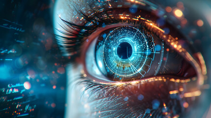 closeup of a human eye with virtual hologram elements for surveillance and digital ID verification or Lasik vision laser correction as wide banner with copy space area