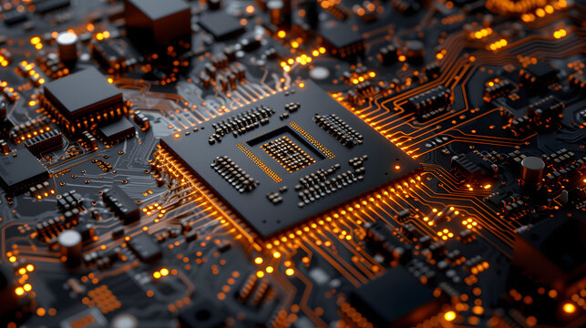 closeup on an advanced GPU ram microchip or cpu of a powerful computer board for artificial intelligence technology as wide banner design with copy space area